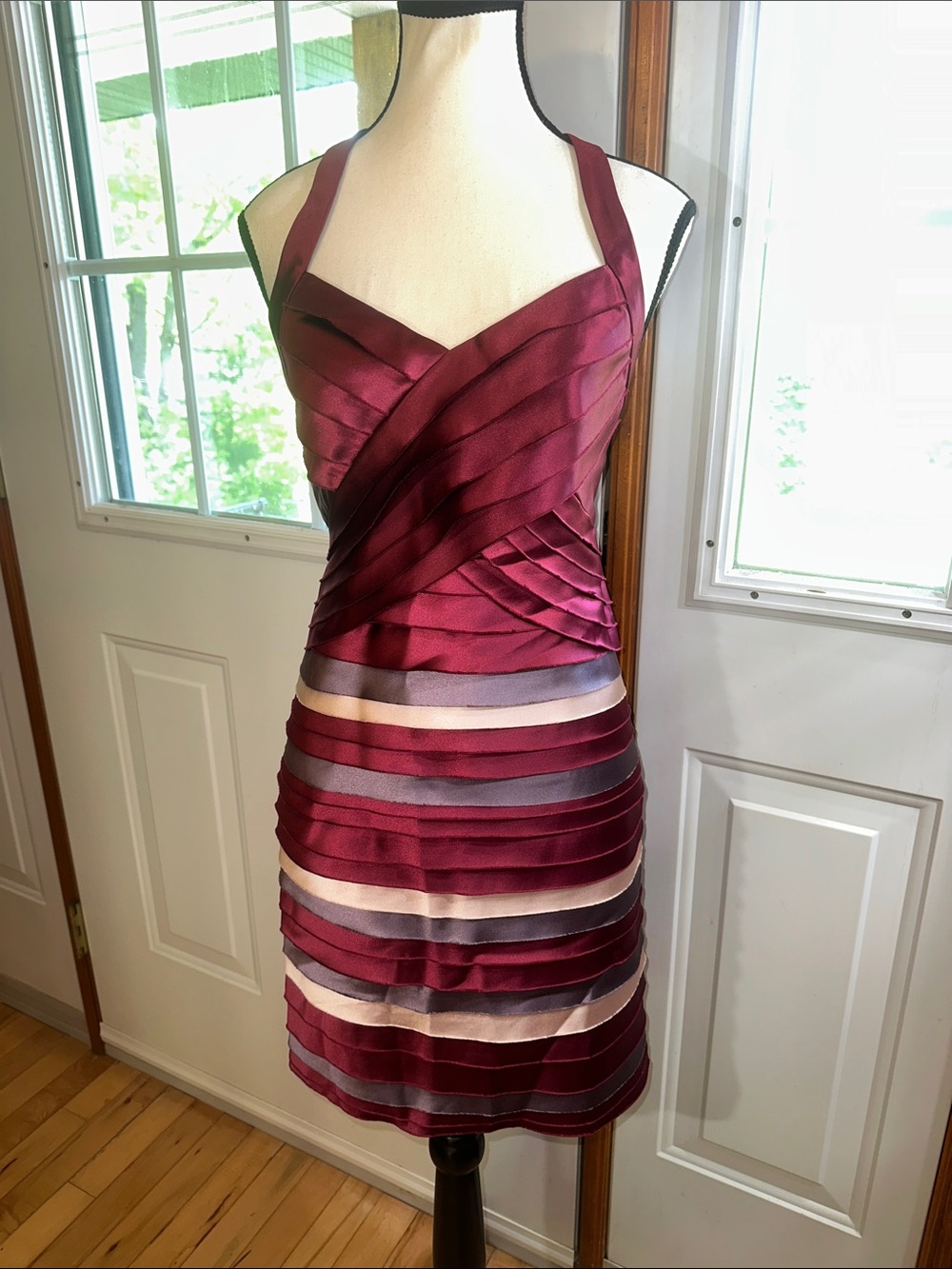 NWOT BCBGMaxAzria Burgundy and Taupe Striped Bandage Mini Dress